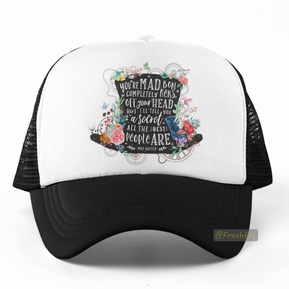 🆕Mad Hatter Quote Foam Trucker Hat Mesh Snapback Cap Black/White - Picture 1 of 2